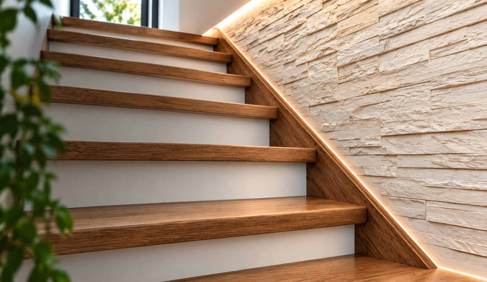 Renovované schodiště s dubovými nášlapy a LED osvětlením