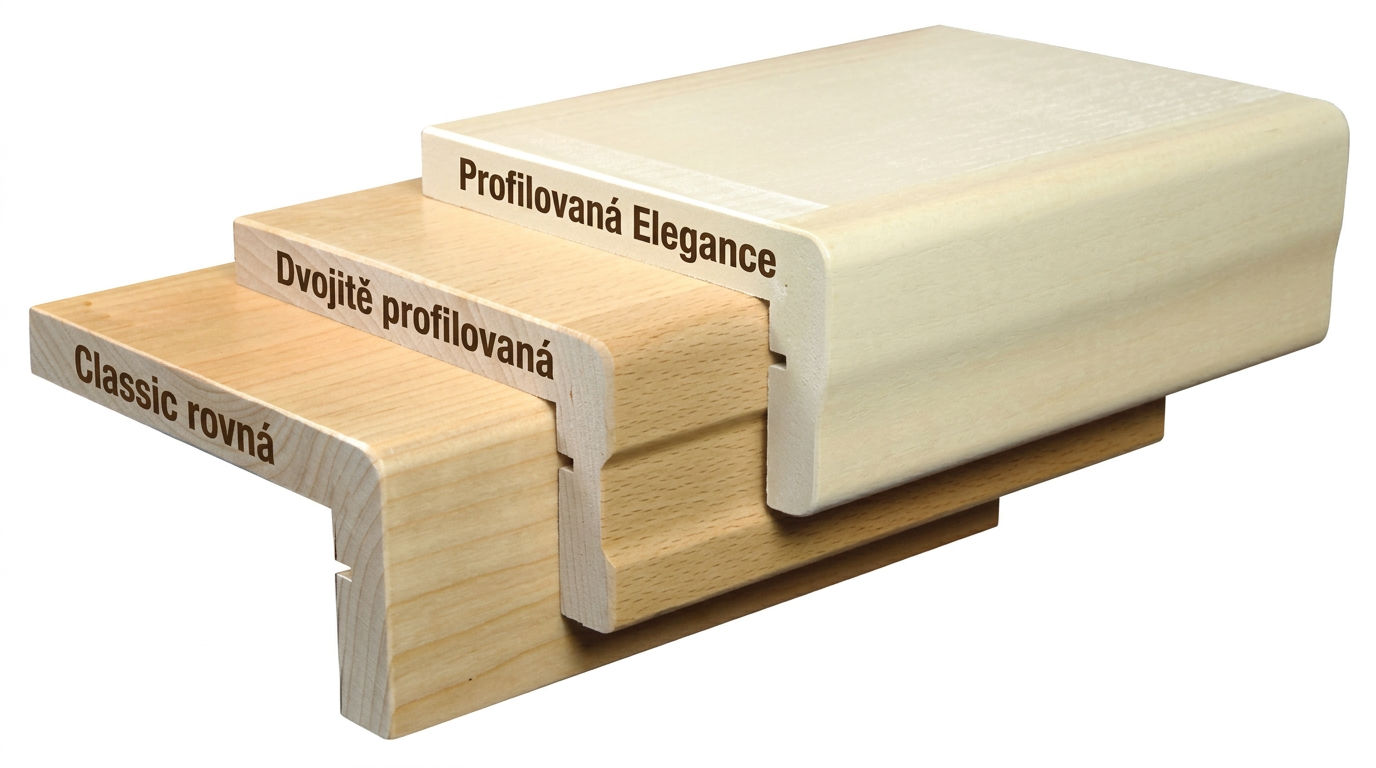 Tři varianty předních hran masivních nášlapů: Classic rovná, Dvojitě profilovaná a Profilovaná Elegance