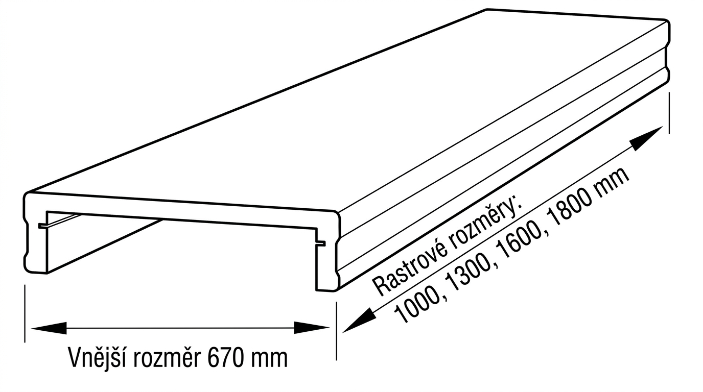 Nákres masivního nášlapu s rastrovými rozměry 1000, 1300, 1600 a 1800 mm a vnějším rozměrem 670 mm